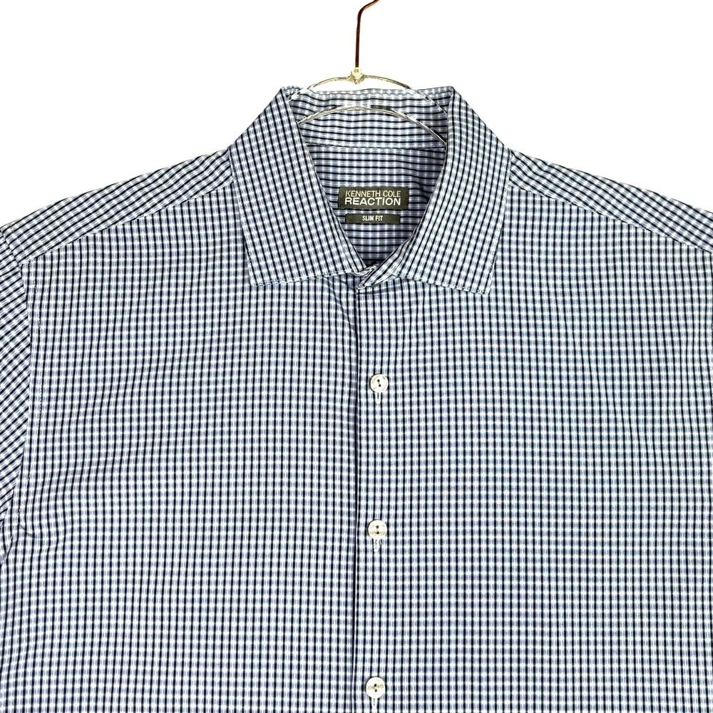 Kenneth Cole Reaction Slim Fit Dress Shirt Mens 15.5 32/33 Blue Gingham Cotton